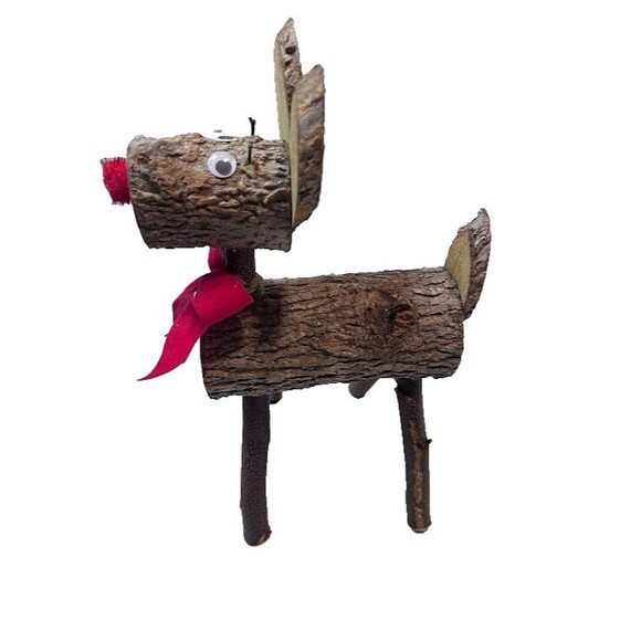 Rustic Wood Christmas Reindeer 12" Tabletop Decor Googly Eyes Red Nose Rudolph - Picture 2 of 6